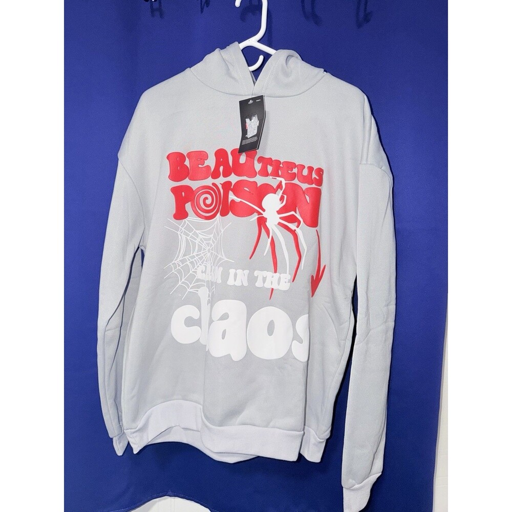 Monsoon Museum Spider Web Hoodie white size L Streetwear Sp5der Style Puff